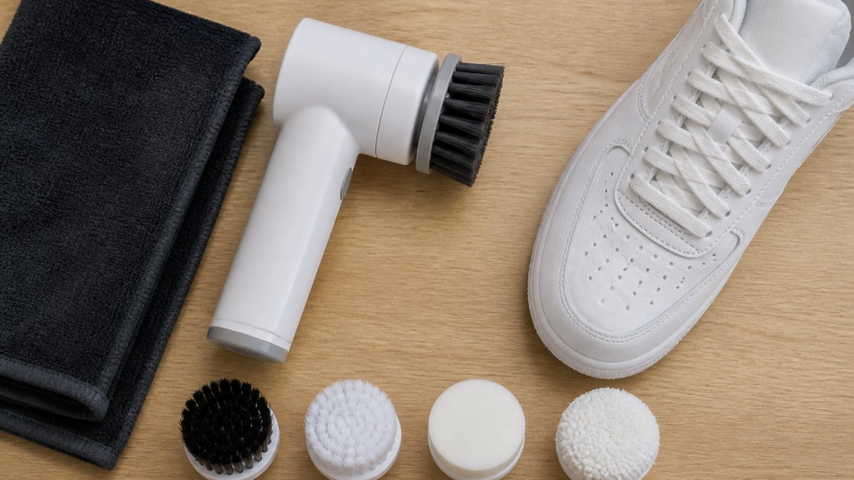 Overhead flat-lay of a cordless electric spinning sneaker brush with four interchangeable brush heads arranged in a row beside a white sneaker and a folded microfiber towel on a light wood table