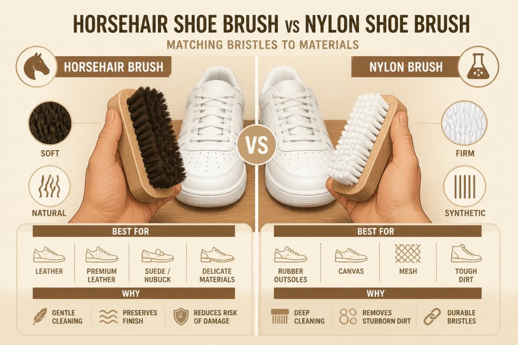 Comparison diagram of horsehair and nylon brushes for cleaning leather sneakers